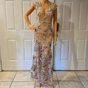 Banjul Nude and Navy Lace Embroidered Gown